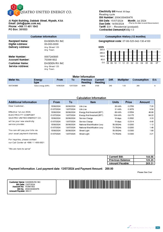 Saudi Arabia Quatro United Energy Co. business utility bill, Word and PDF template
